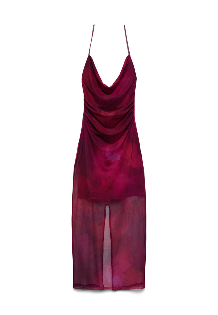 Women's Mesh Drape-Neck Midi Dress