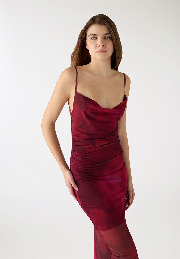 Women's Mesh Drape-Neck Midi Dress