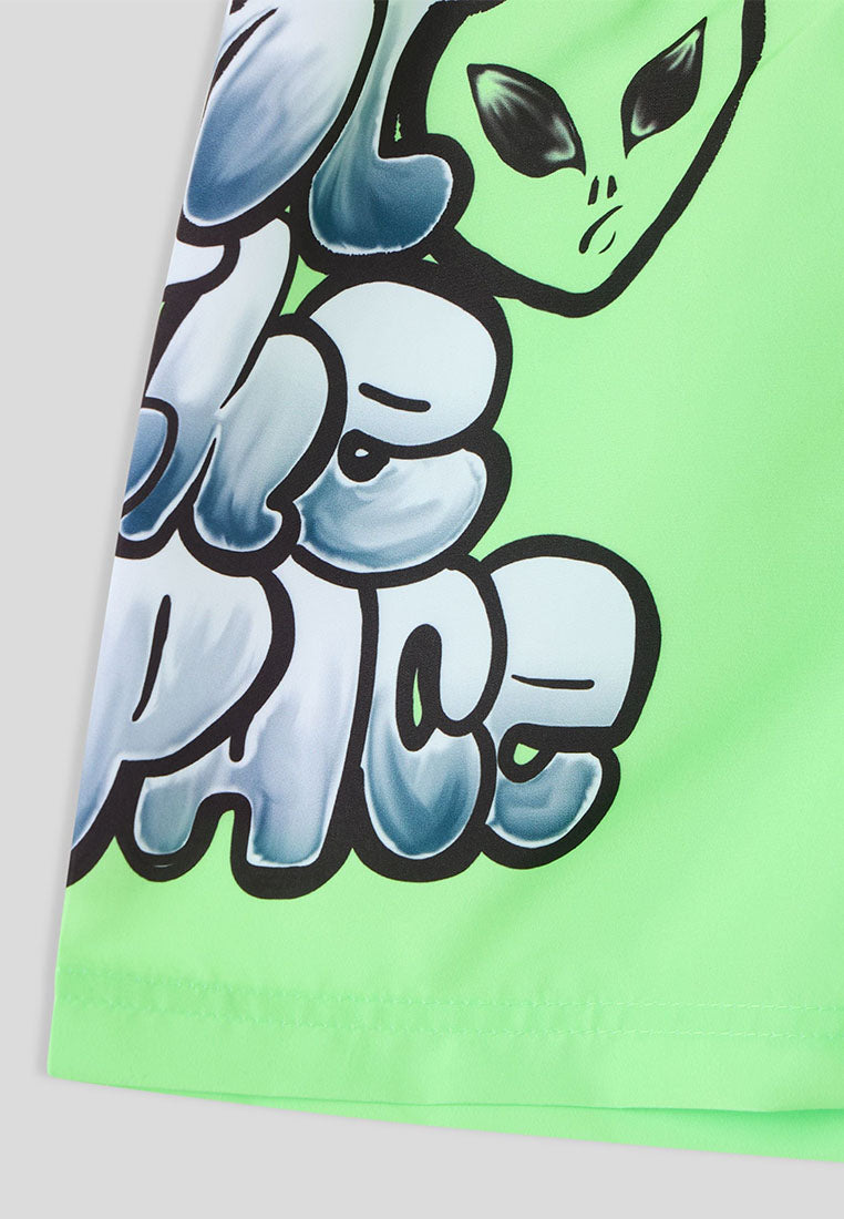 Graffiti Alien Print Swim Trunks for Boys