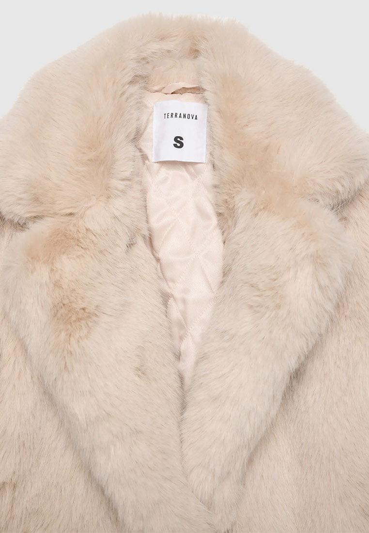 Women's Short coat with belt and long faux fur collar