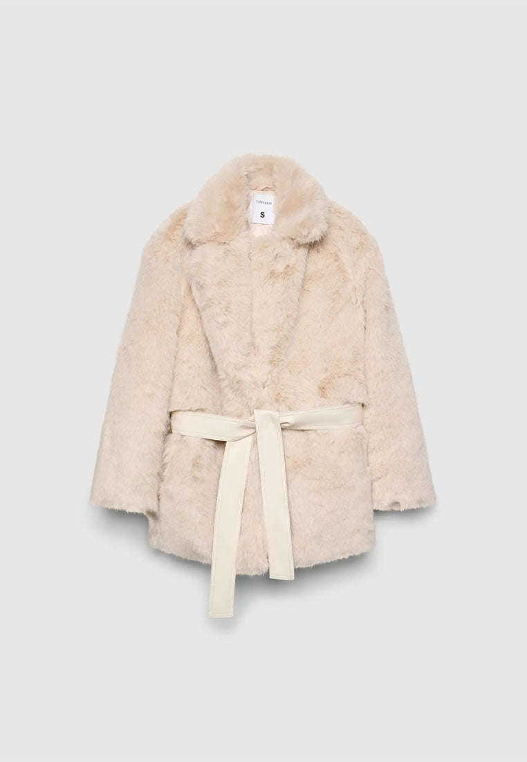 Women's Short coat with belt and long faux fur collar