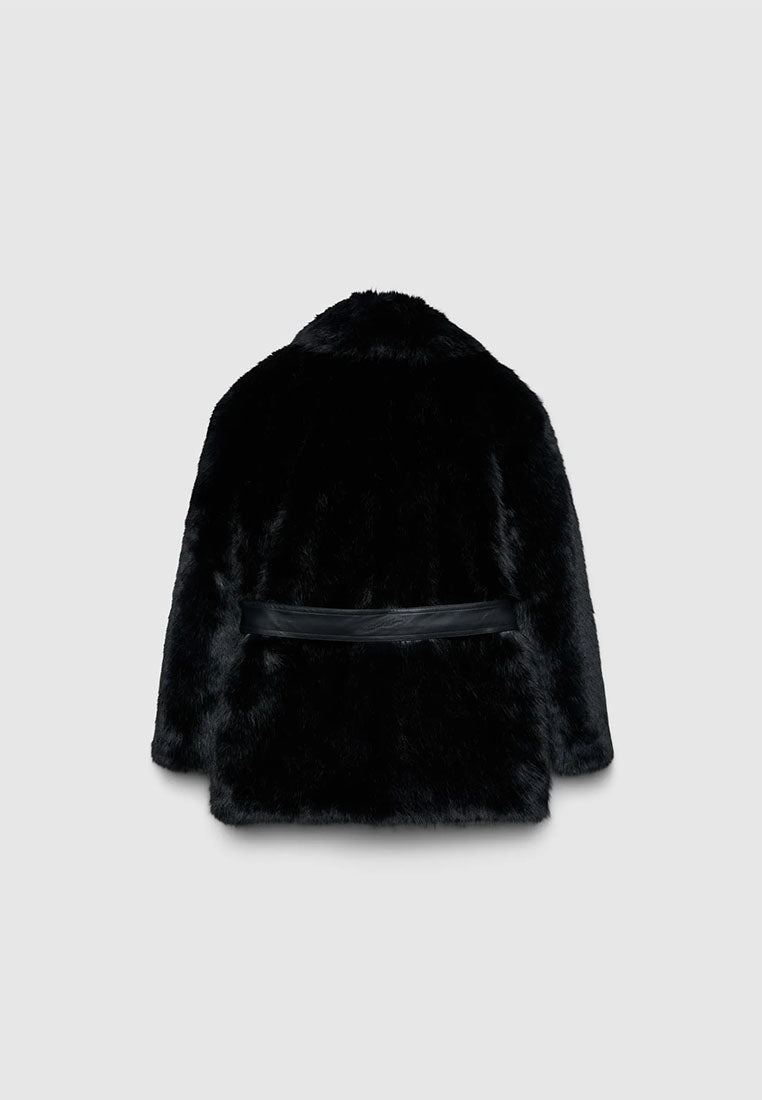 Women's Short coat with belt and long faux fur collar