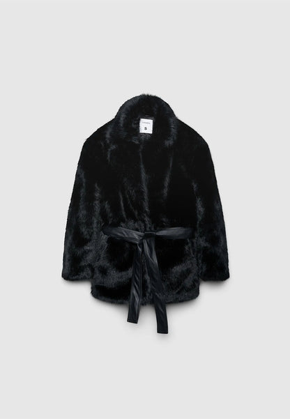 Women's Short coat with belt and long faux fur collar