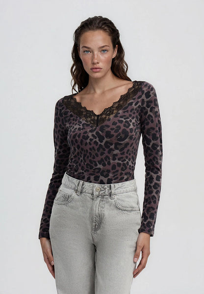 Women's Long-sleeved animalier V-neck T-shirt