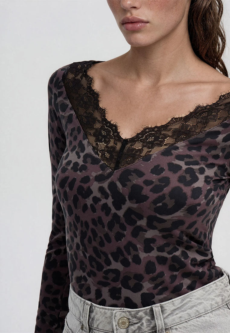 Women's Long-sleeved animalier V-neck T-shirt