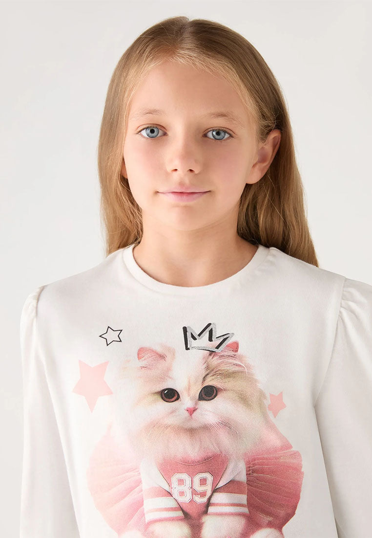 Long-sleeve T-shirt with cat print and appliqués for Girls