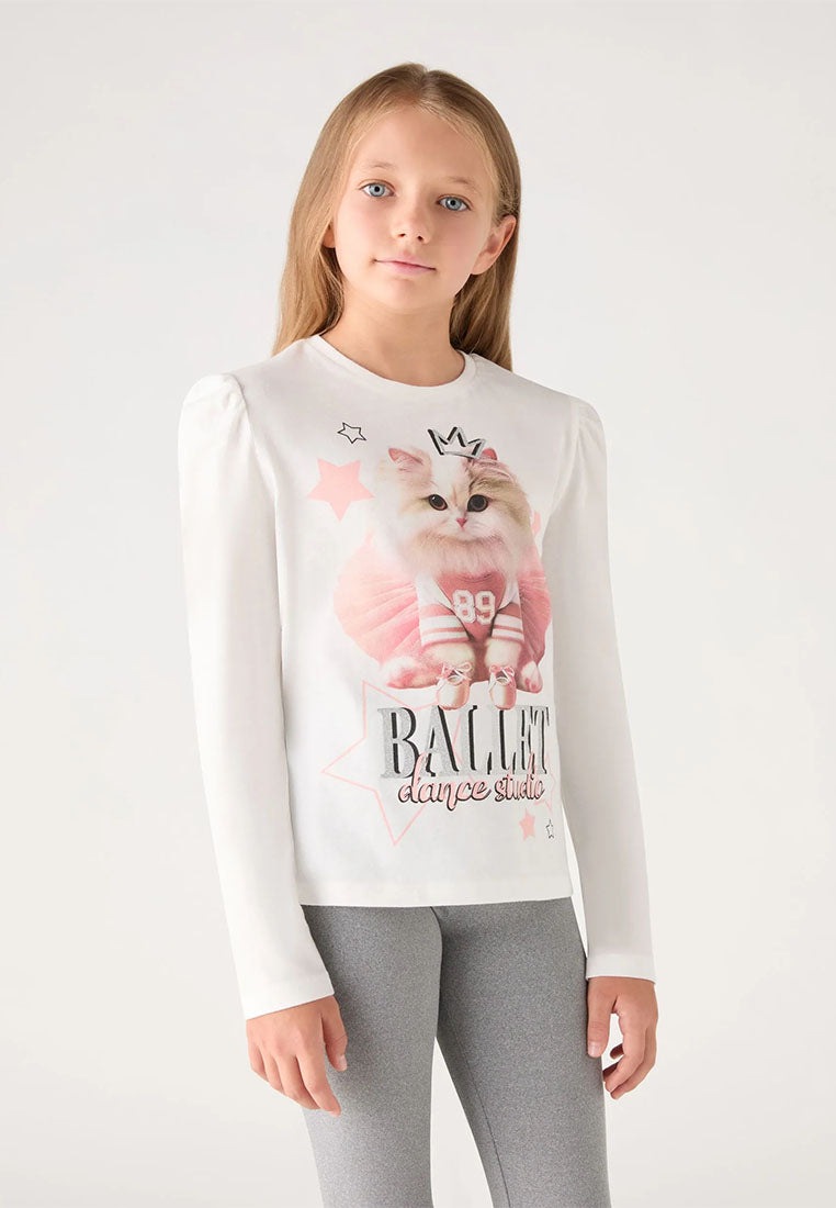 Long-sleeve T-shirt with cat print and appliqués for Girls