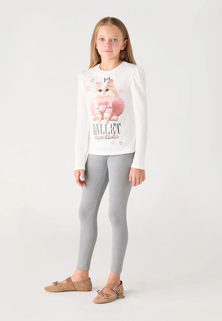 Long-sleeve T-shirt with cat print and appliqués for Girls