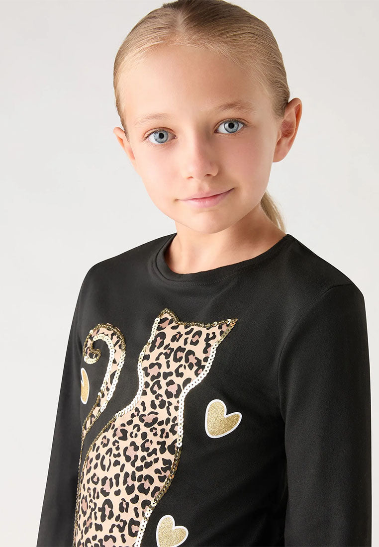 Long-sleeve T-shirt with sparkly animal print for Girls