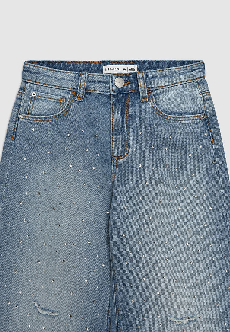 Crystal Studded Wide-Leg Denim for Girls