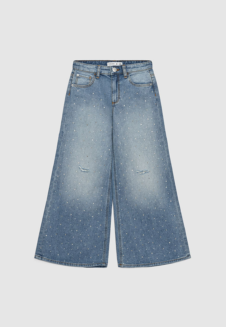 Crystal Studded Wide-Leg Denim for Girls