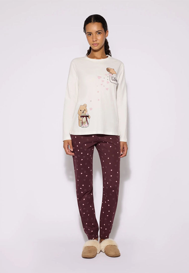 Women's Long-sleeved Tee and Teddy Bear Print Pajama Set