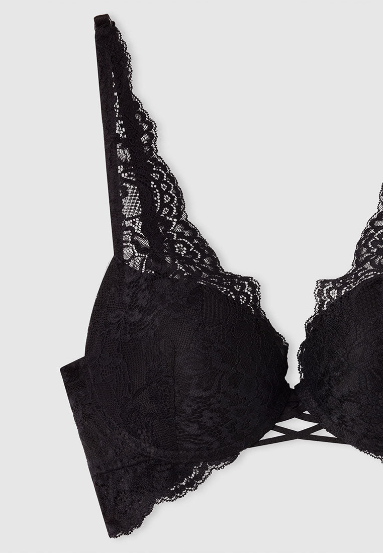 Women's Lace Front Cross Detail Push-Up Bra