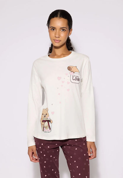 Women's Long-sleeved Tee and Teddy Bear Print Pajama Set