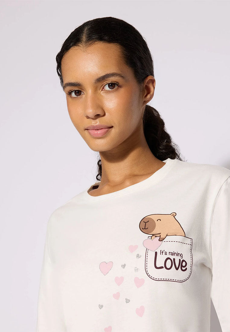 Women's Long-sleeved Tee and Teddy Bear Print Pajama Set