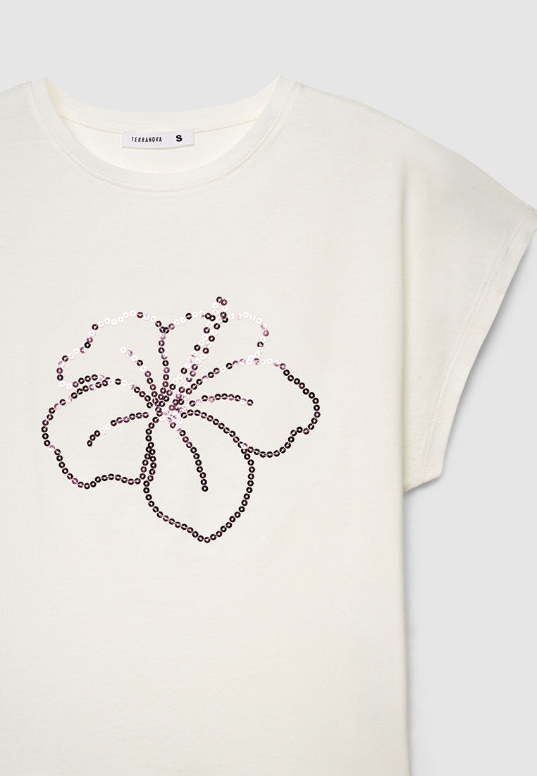 Women's Hibiscus Floral Sequin Tee