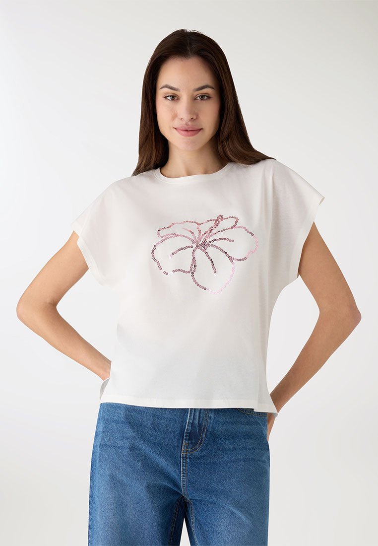Women's Hibiscus Floral Sequin Tee