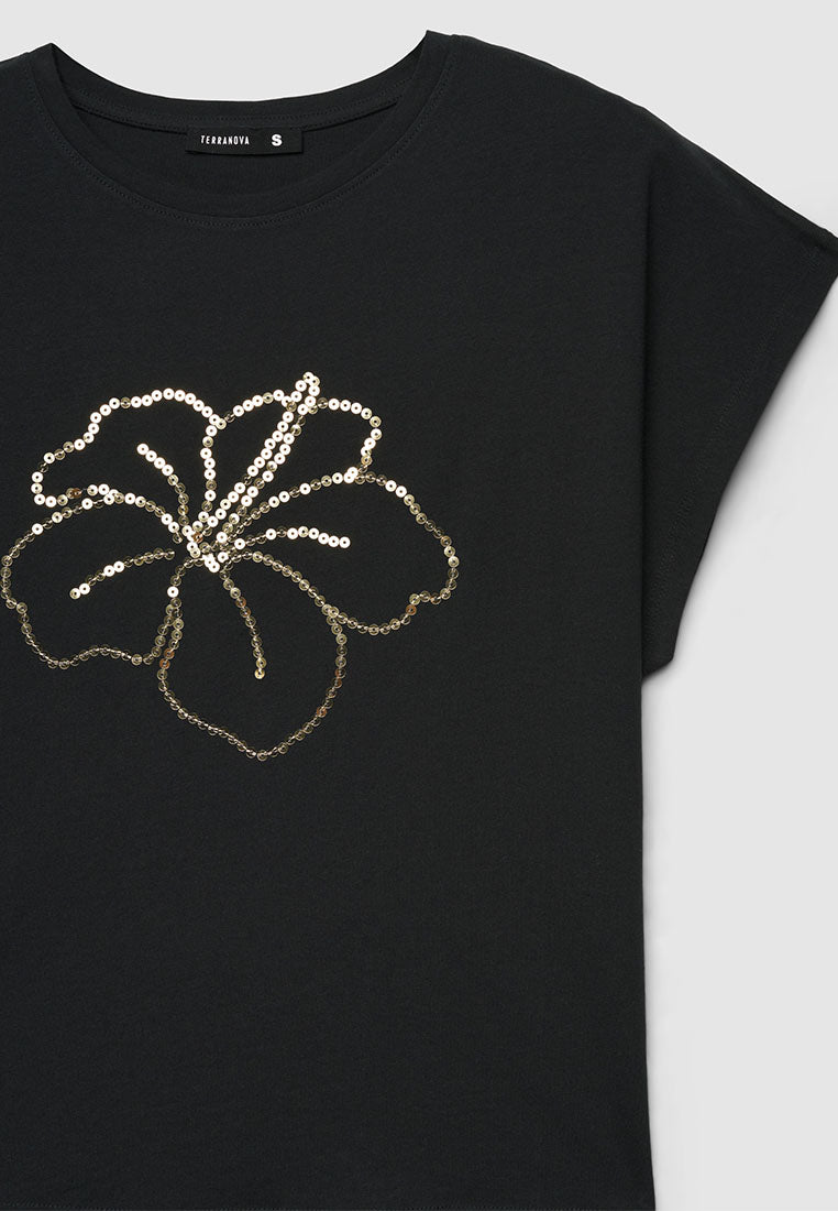 Women's Hibiscus Floral Sequin Tee
