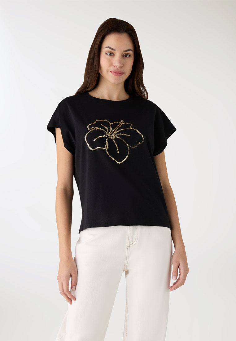 Women's Hibiscus Floral Sequin Tee