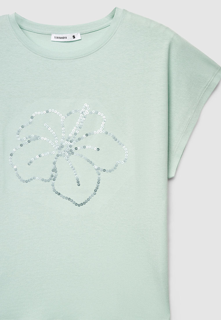 Women's Hibiscus Floral Sequin Tee