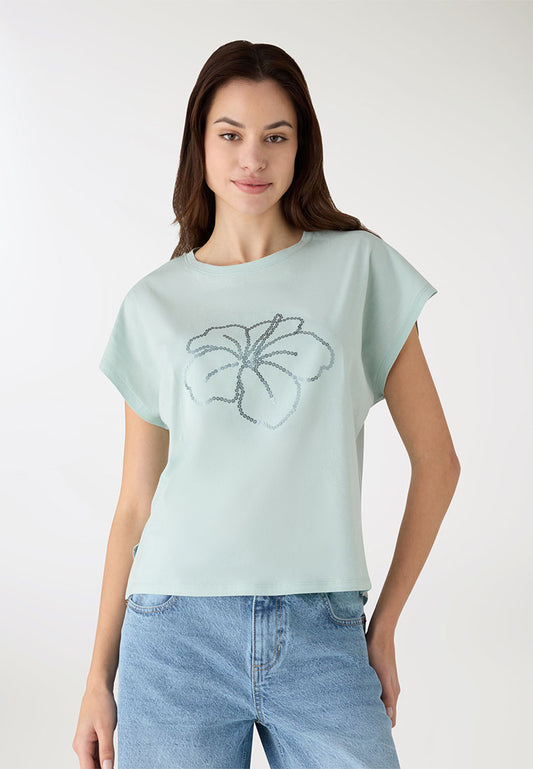 Women's Hibiscus Floral Sequin Tee