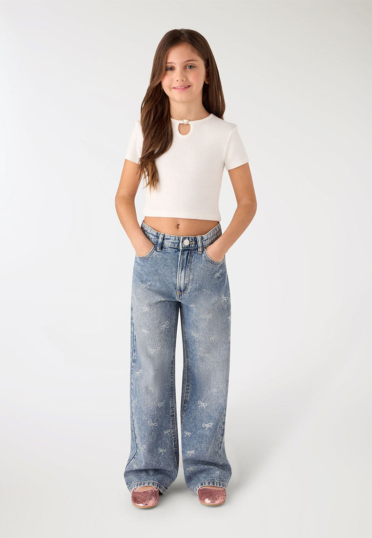 Rhinestone Bow Distressed Jeans for Girls