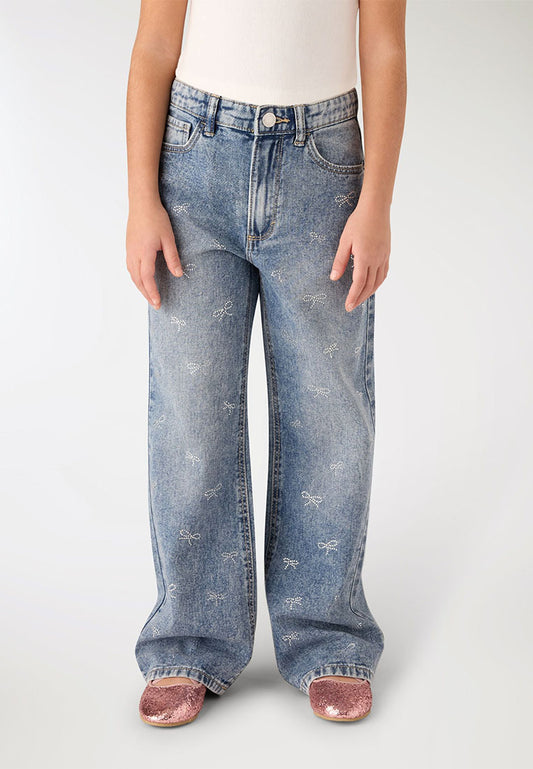 Rhinestone Bow Distressed Jeans for Girls