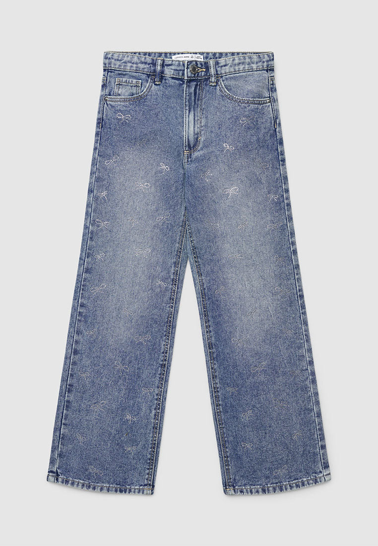 Rhinestone Bow Distressed Jeans for Girls