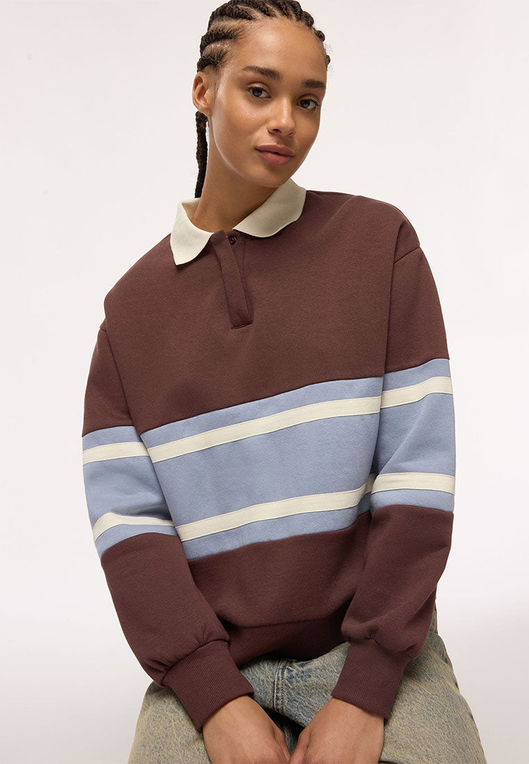 Women's College-Style Striped Polo Sweatshirt