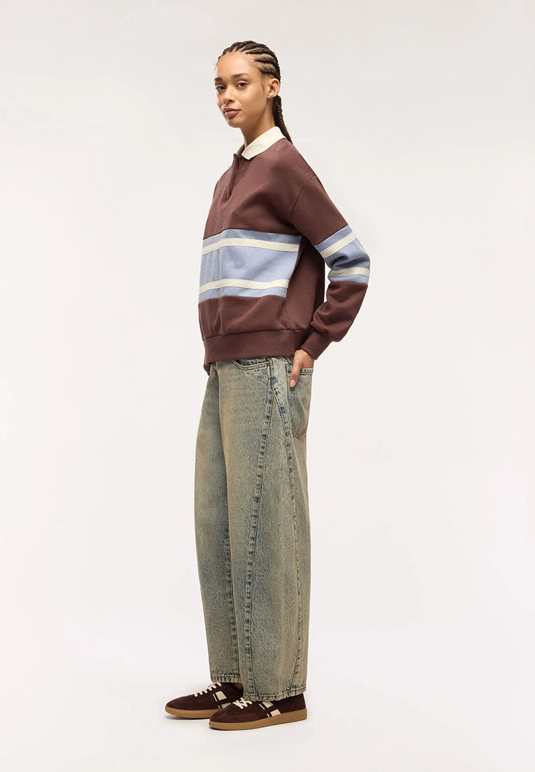 Women's College-Style Striped Polo Sweatshirt
