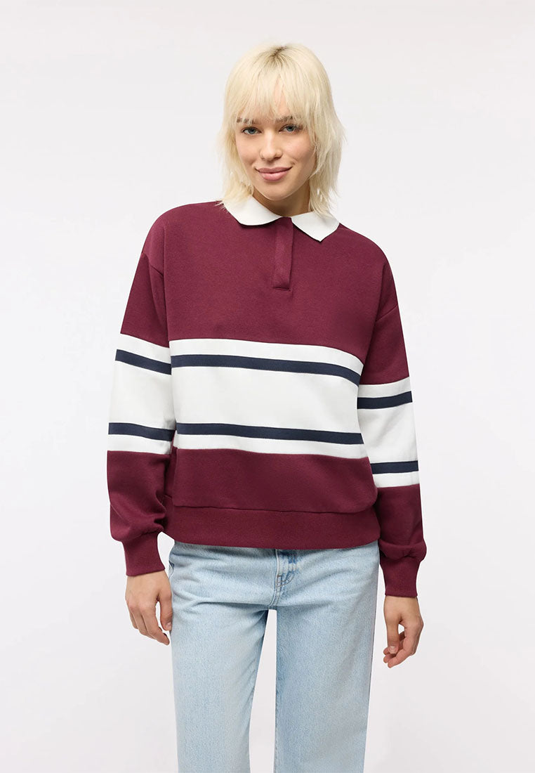 Women's College-Style Striped Polo Sweatshirt