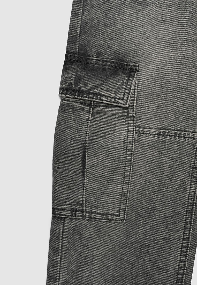 Acid Wash Denim Elastic Waist Cargo Pants for Boys