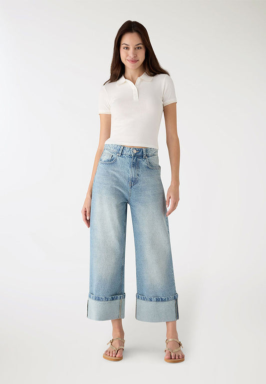 Women’s Light Wash Wide-Leg Cuffed Denim Pants