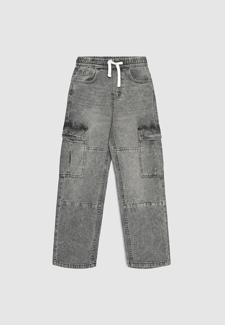 Acid Wash Denim Elastic Waist Cargo Pants for Boys