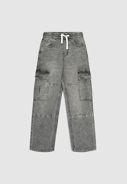 Acid Wash Denim Elastic Waist Cargo Pants for Boys