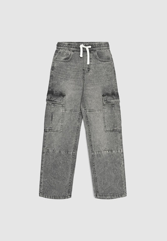 Acid Wash Denim Elastic Waist Cargo Pants for Boys