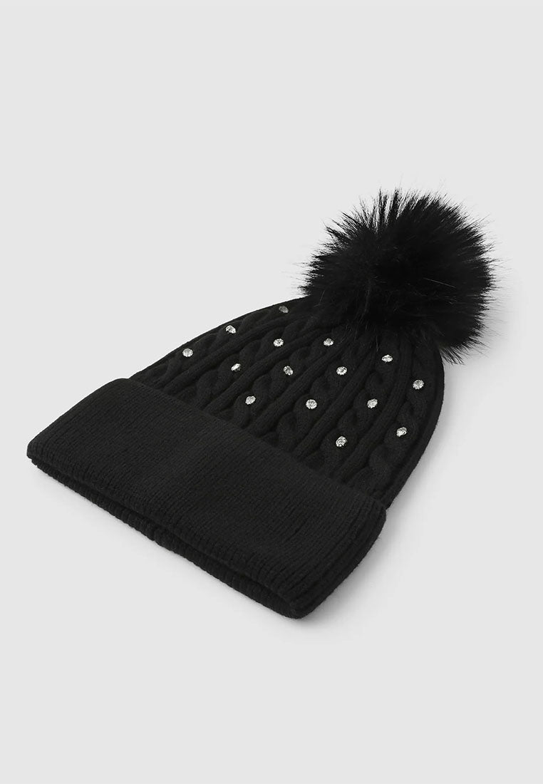 Women's Braided beanie with pompom and rhinestones
