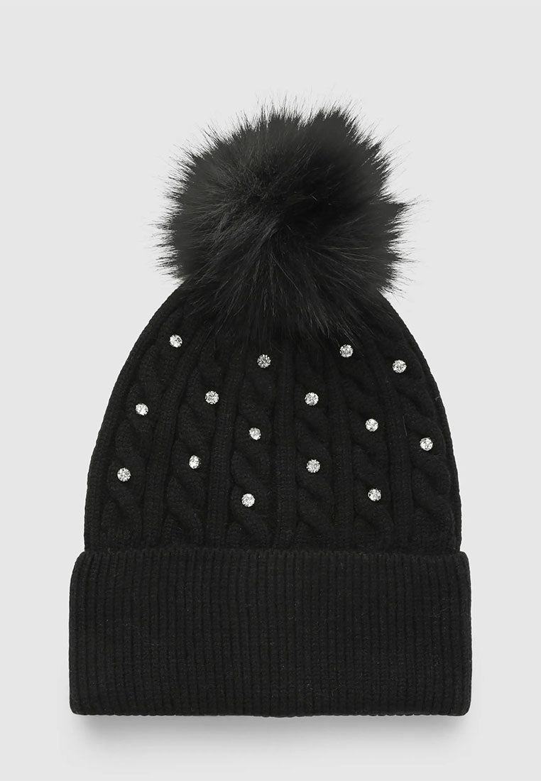 Women's Braided beanie with pompom and rhinestones