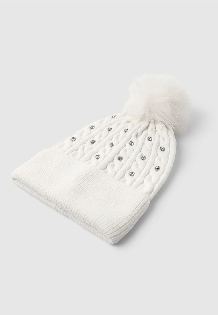 Women's Braided beanie with pompom and rhinestones
