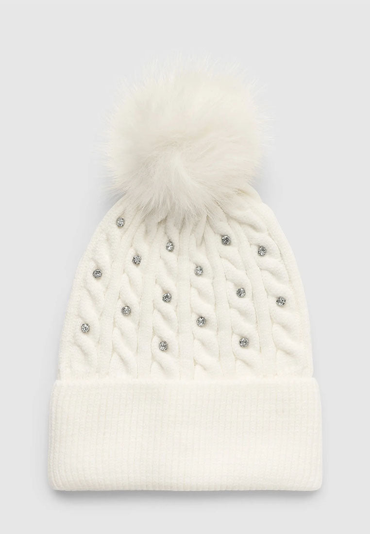 Women's Braided beanie with pompom and rhinestones