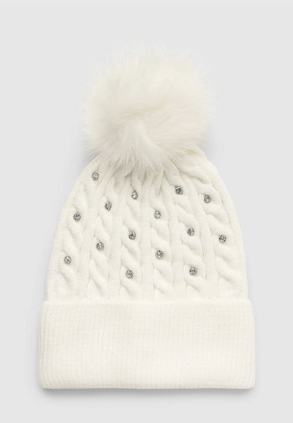 Women's Braided beanie with pompom and rhinestones