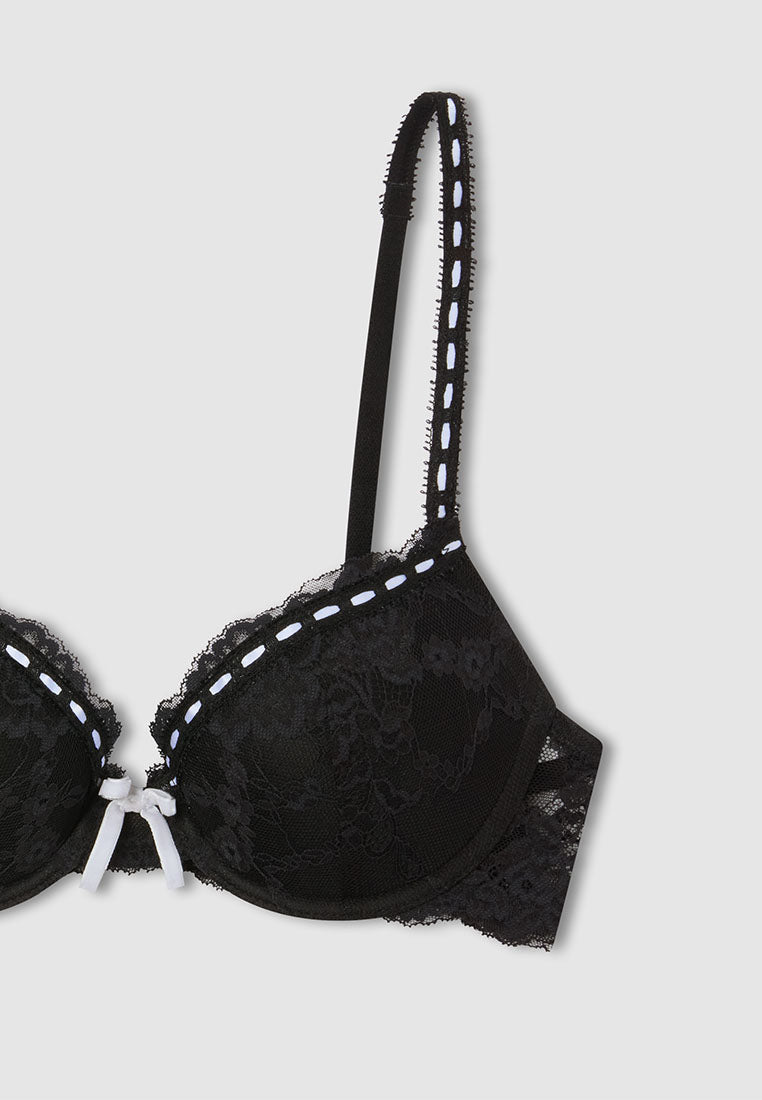 Women's Lace Push-Up Bra with White Ribbon Trim