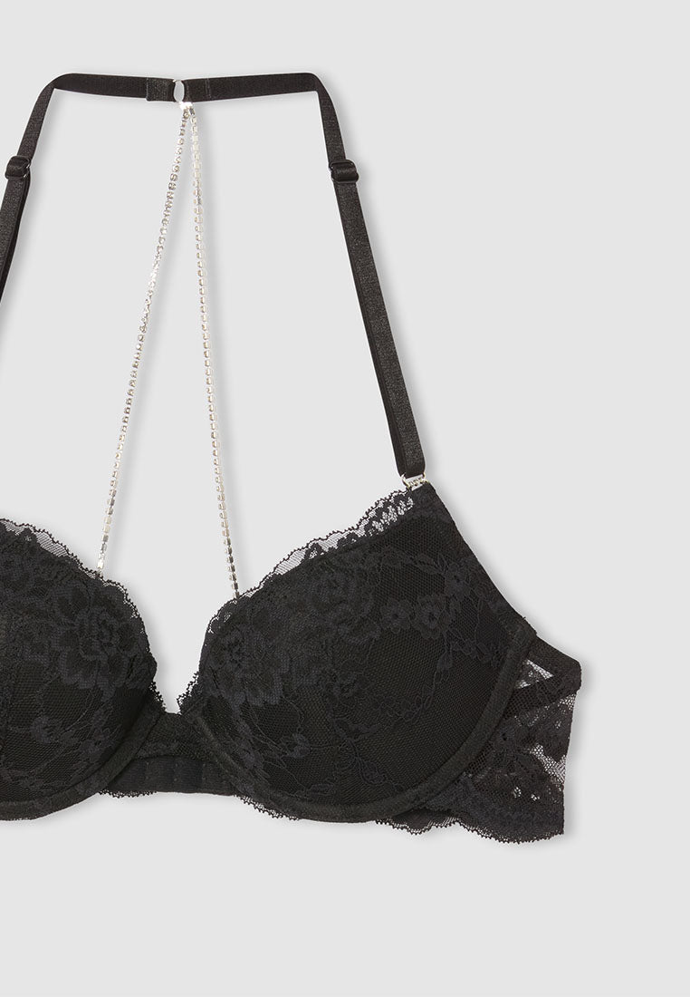 Women's Lace Push-Up Bra with Rhinestone Chain Halter