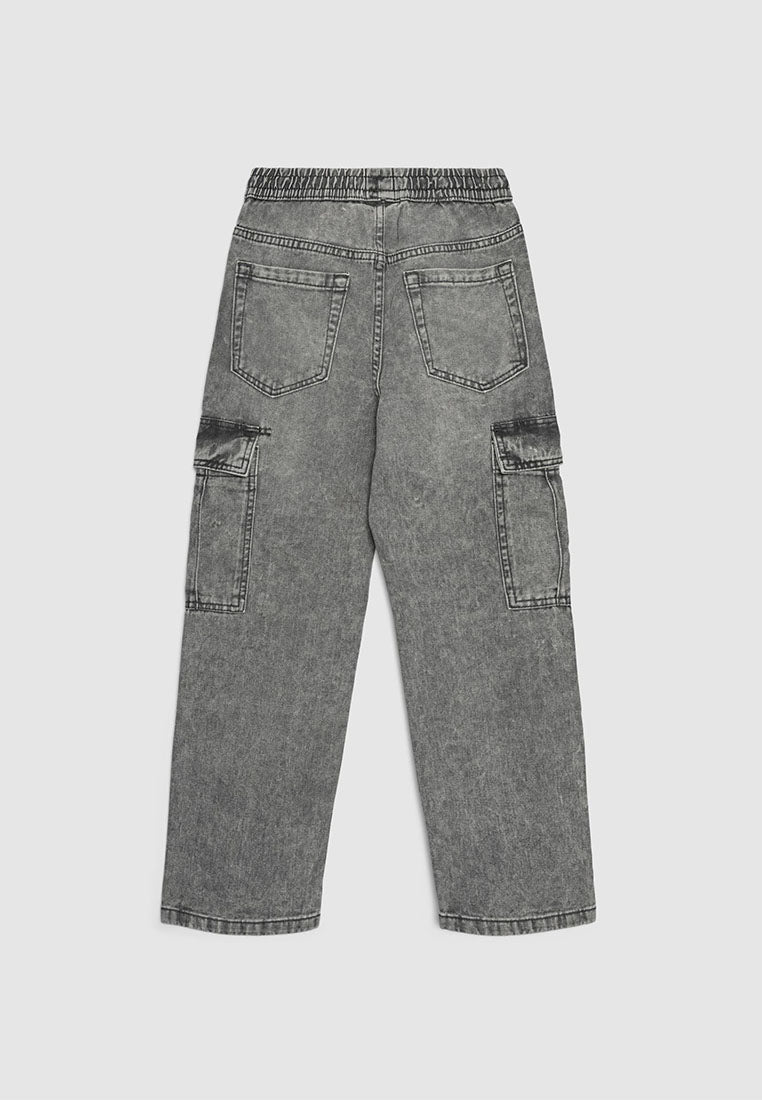 Acid Wash Denim Elastic Waist Cargo Pants for Boys