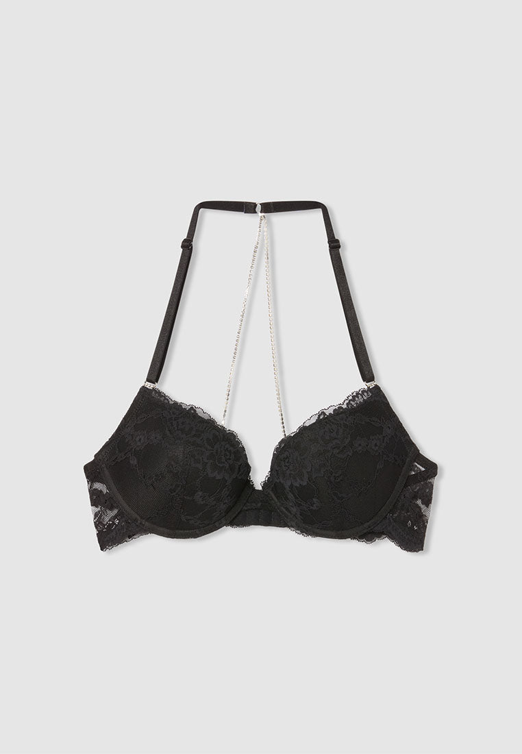 Women's Lace Push-Up Bra with Rhinestone Chain Halter