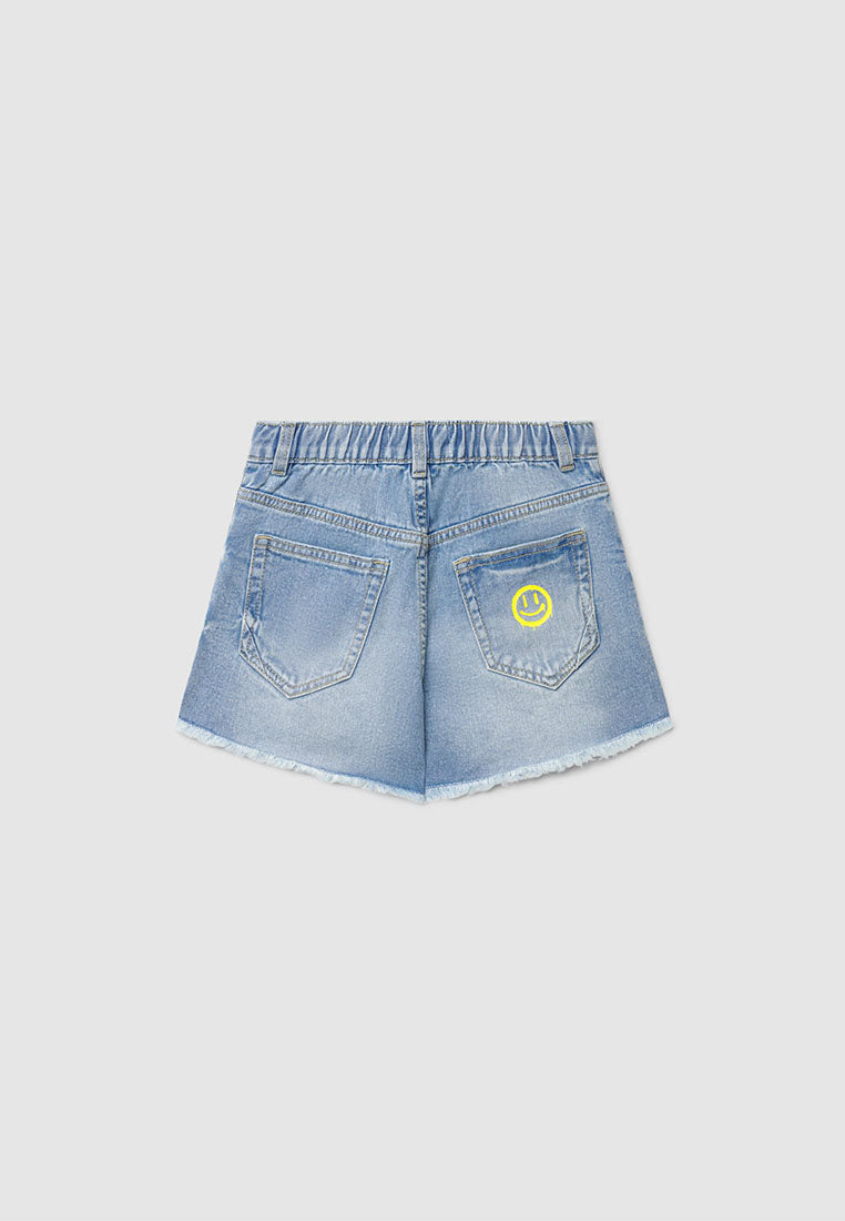 Smiley Print Denim Shorts for Girls