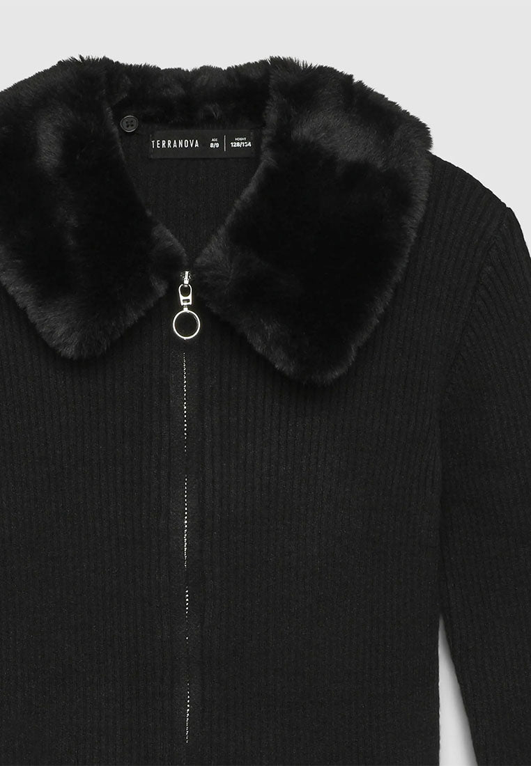 Zip-up cardigan with faux fur collar for Girls