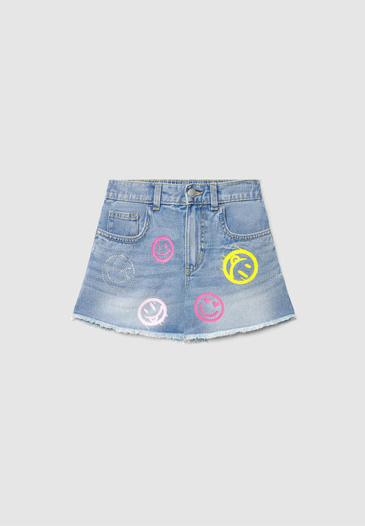 Smiley Print Denim Shorts for Girls