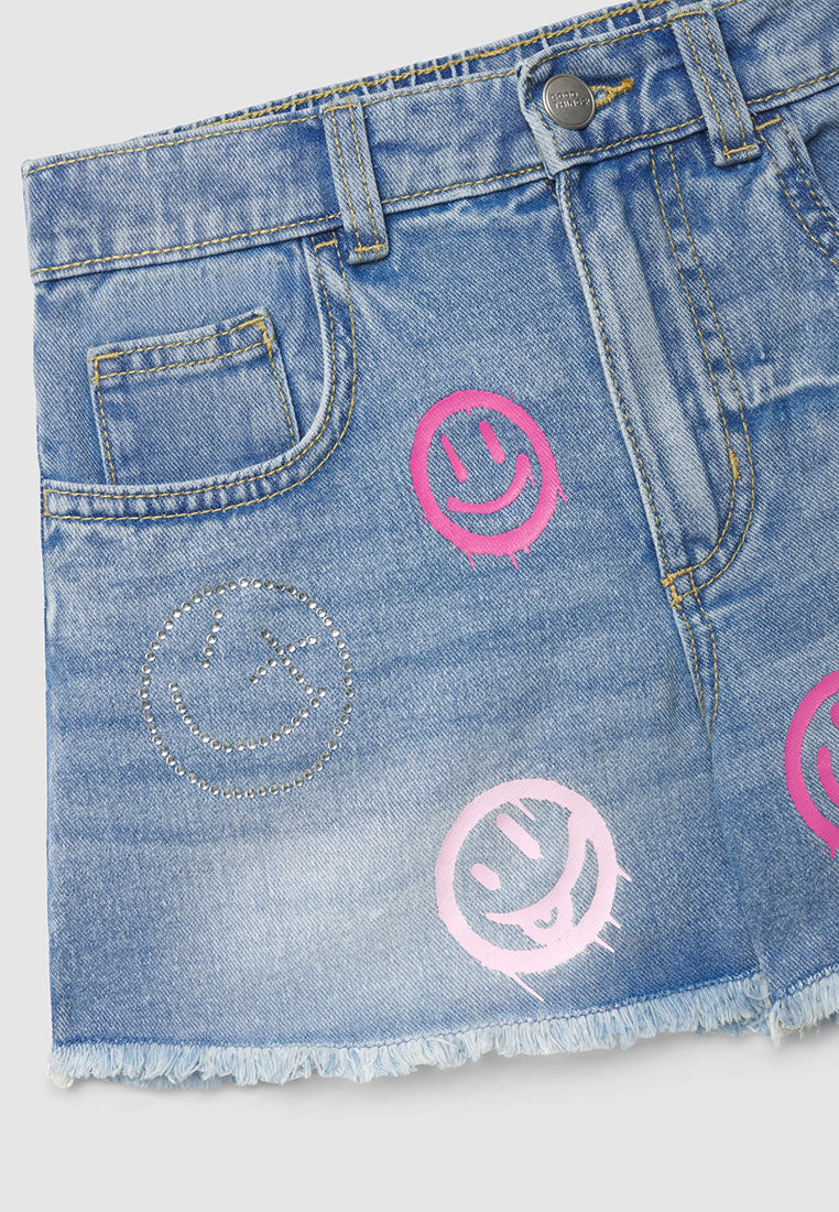 Smiley Print Denim Shorts for Girls