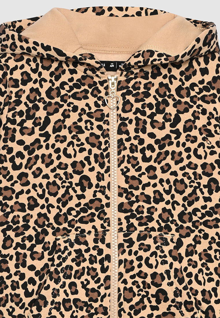 Hooded zip-up sweatshirt with animal print for Girls